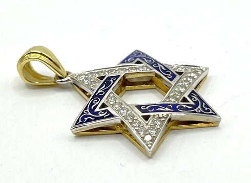 14K Gold & Diamond With Blue Enamel Star of David Necklace
